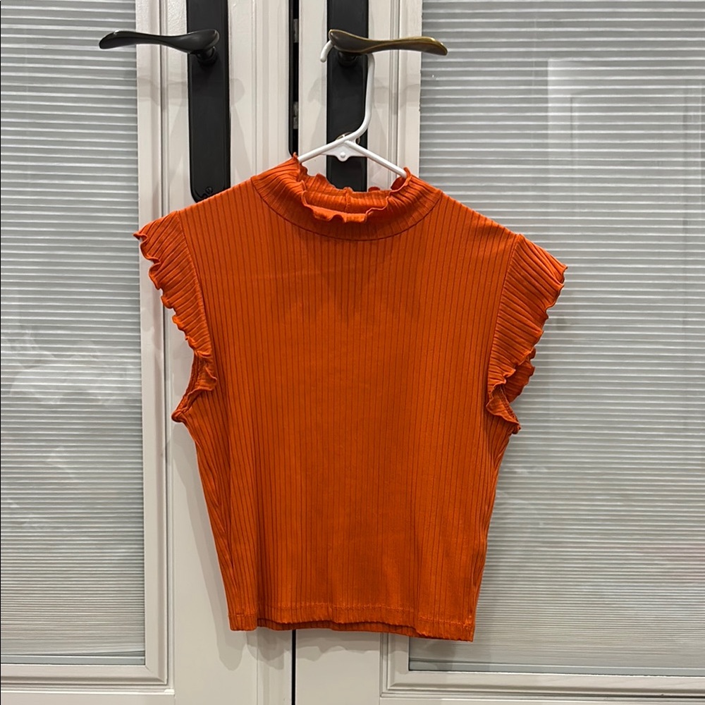 Zara Orange Ruffled Ribbed Tank Top